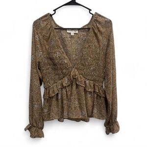 Brown Floral Blouse Ruffle Detail and Deep V-Neckline, Brand: She+Sky, Sz M, EUC
